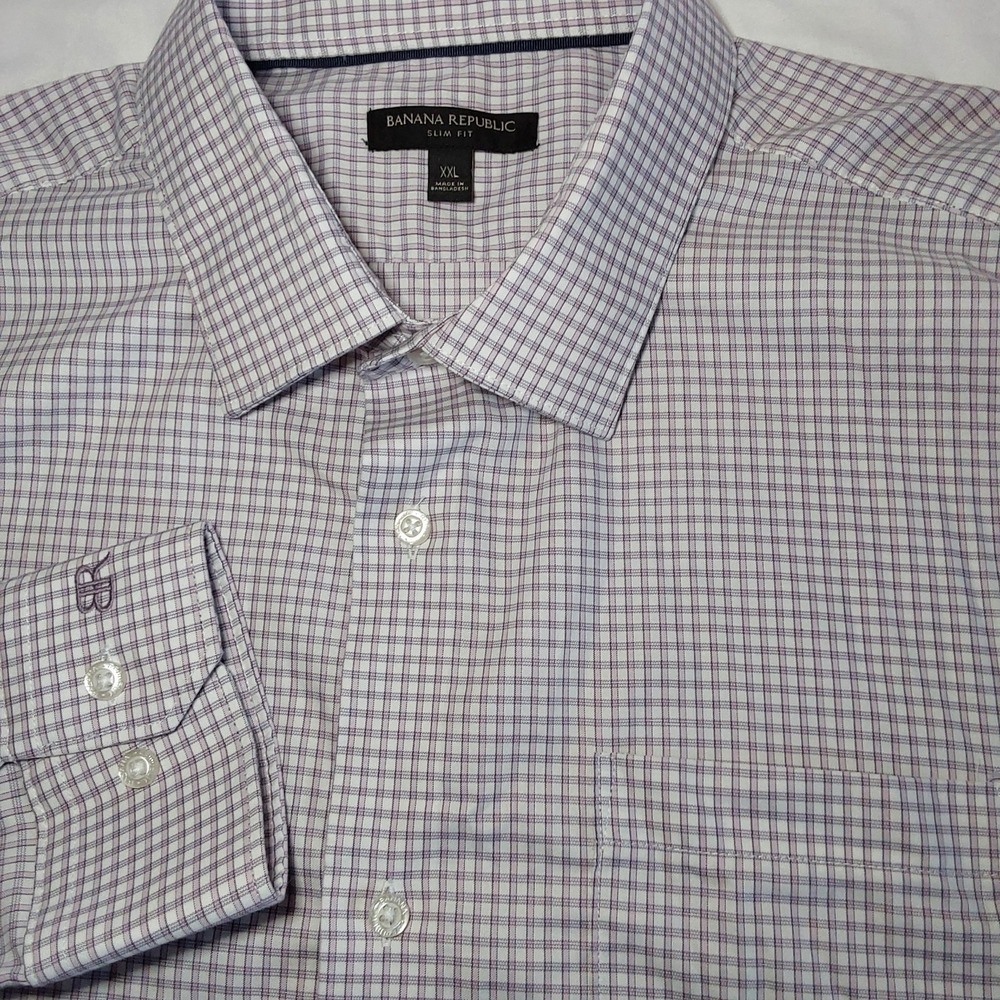 Banana Republic Shirt Men's‎ 2XL Purple & White  Check Long Sleeve Button Down
